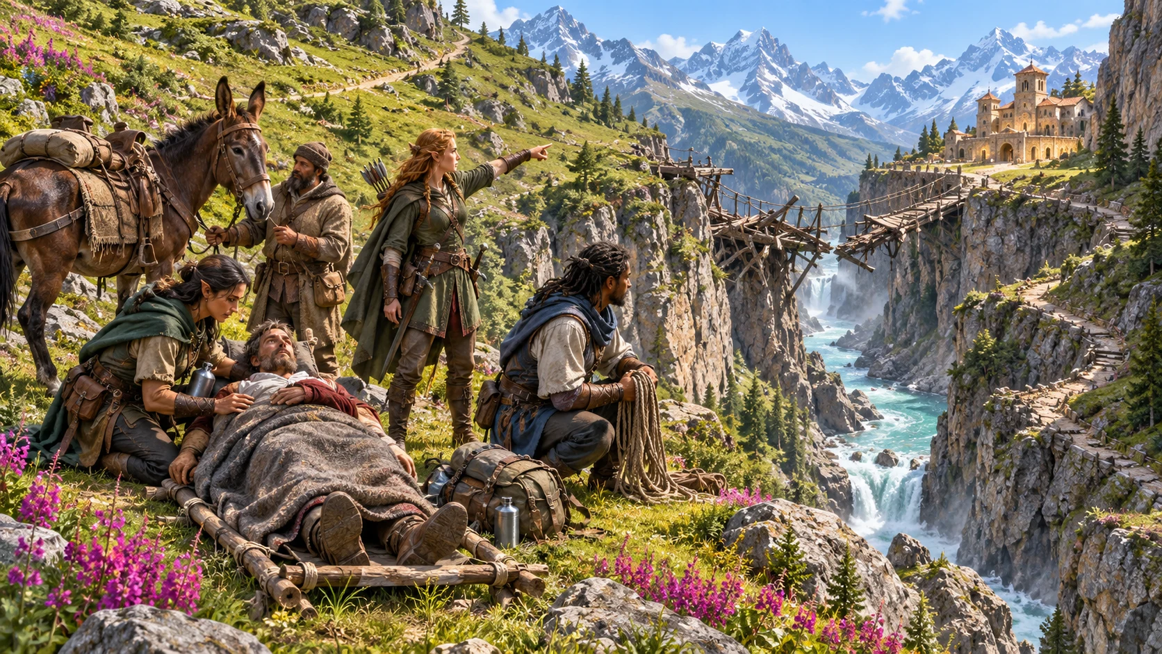 Illustrated adventurers care for an injured rescued person beside a broken mountain bridge.