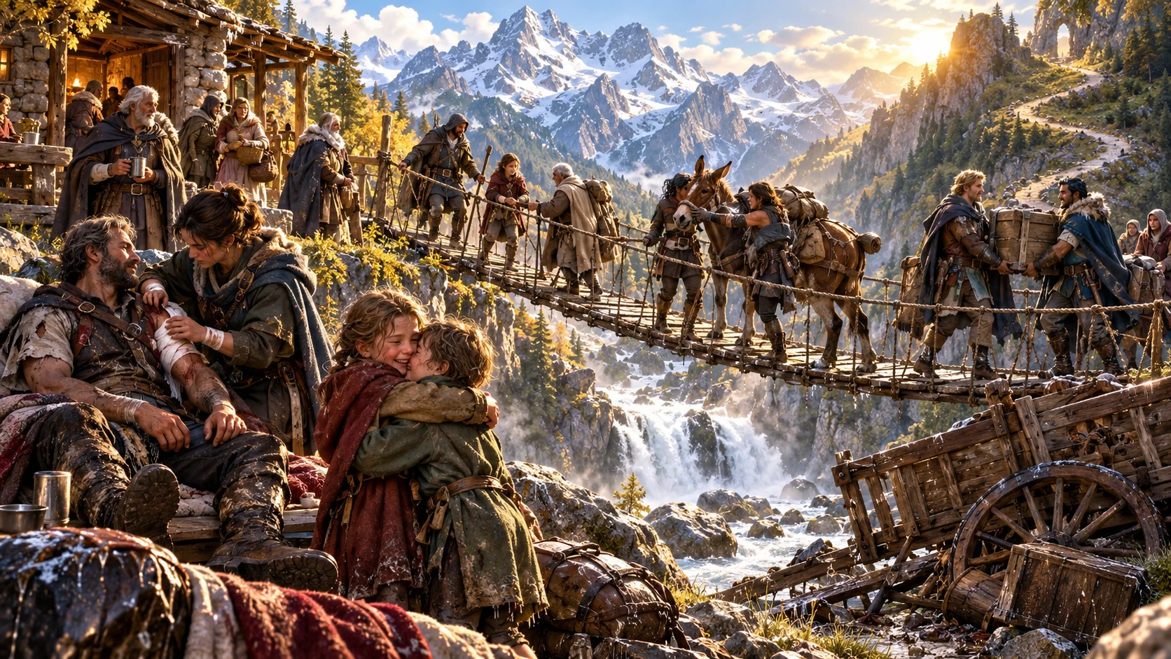 Illustrated rescued people recover beside a mountain shelter while adventurers repair a bridge.