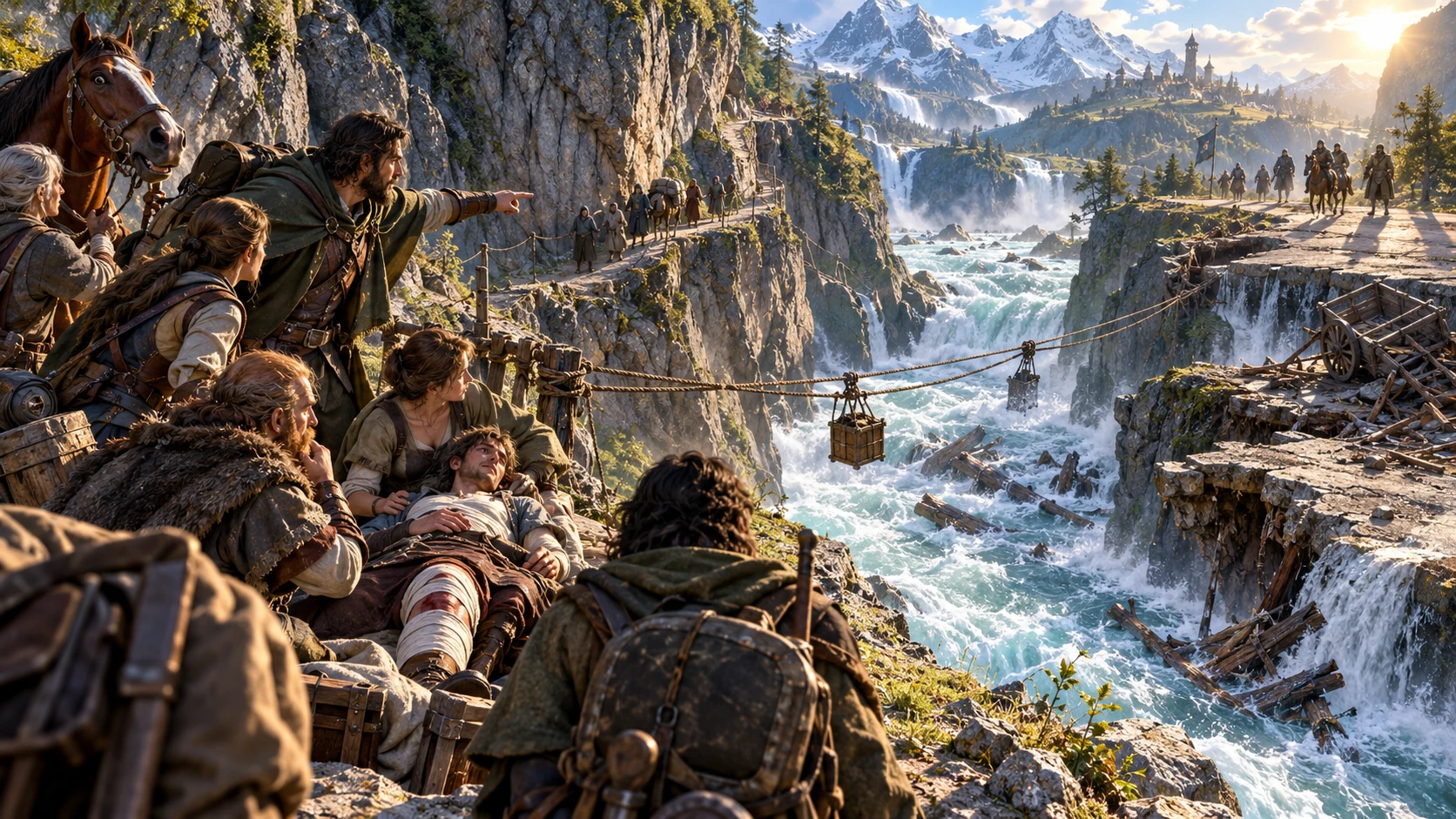 Illustrated rescuers compare cliff paths and a rope crossing above a mountain ravine.